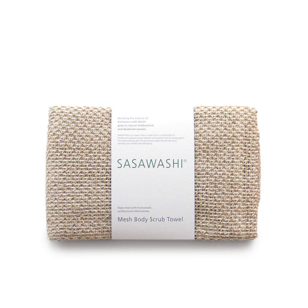 SASAWASHI MESH BODY SCRUB TOWEL<br> Removes dead skin cells and excess oil. Natural anti-bacterial fabric prevents odours and mildew